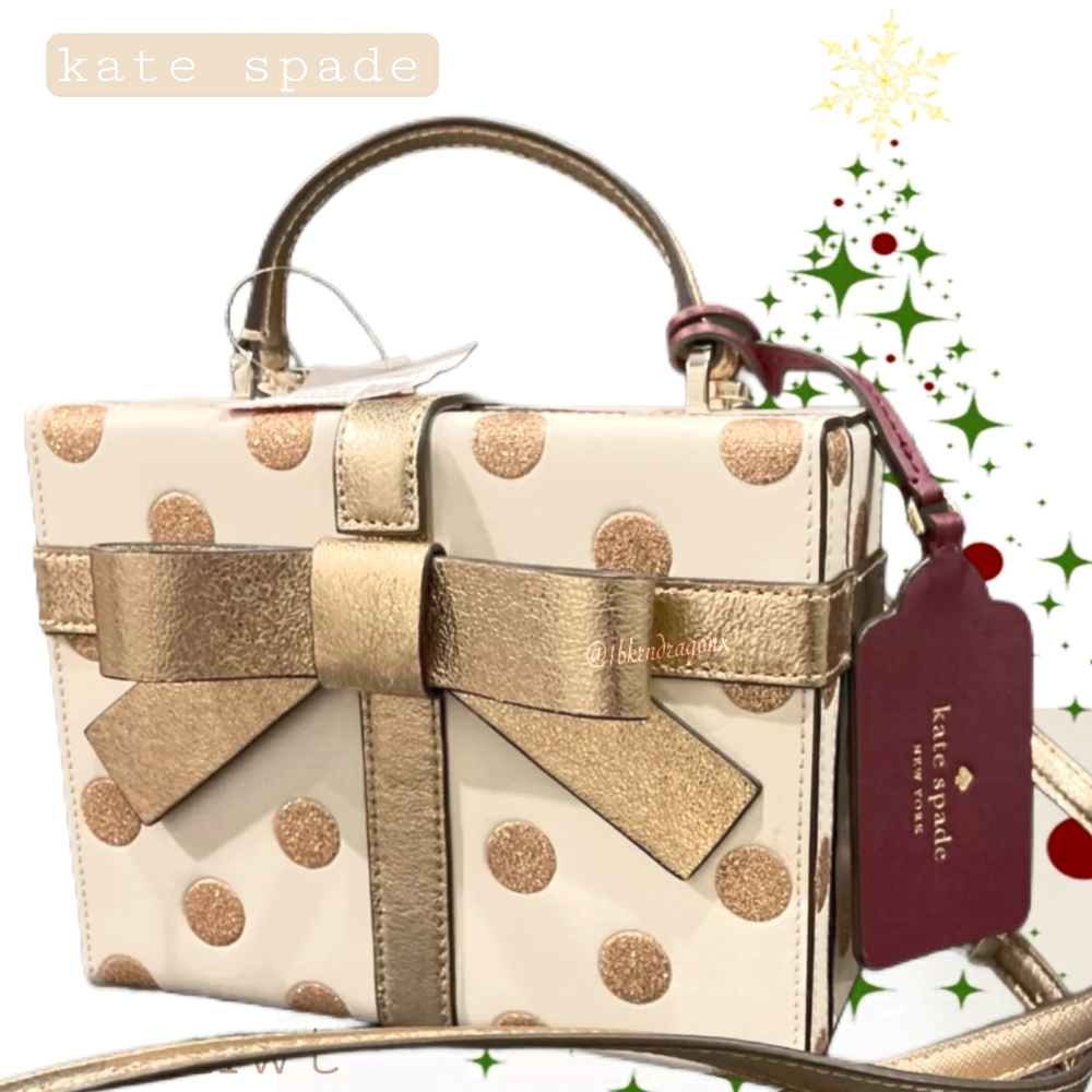 NWT Prom Gold Polka Dot Kate Spade Crossbody It's A Present Metallic HandBag - Picture 7 of 14
